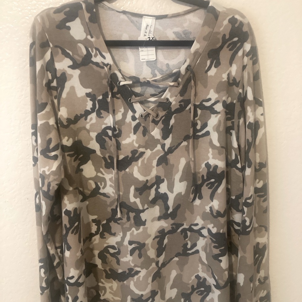Now and Forever Beige Camouflage Lace-Up Long Sleeve Top